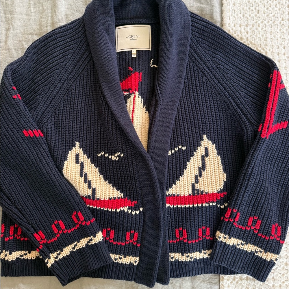 THE GREAT. Navy Sailboat Knit Cardigan with Cream and Red Accents - Picture 4 of 13